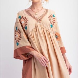 Easel Tan and Brown Embroidered Mini Dress